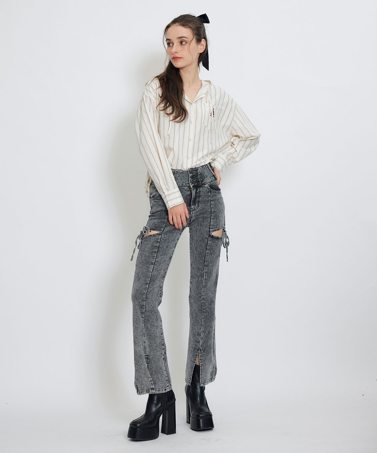 カットアウトリボンストレッチデニム