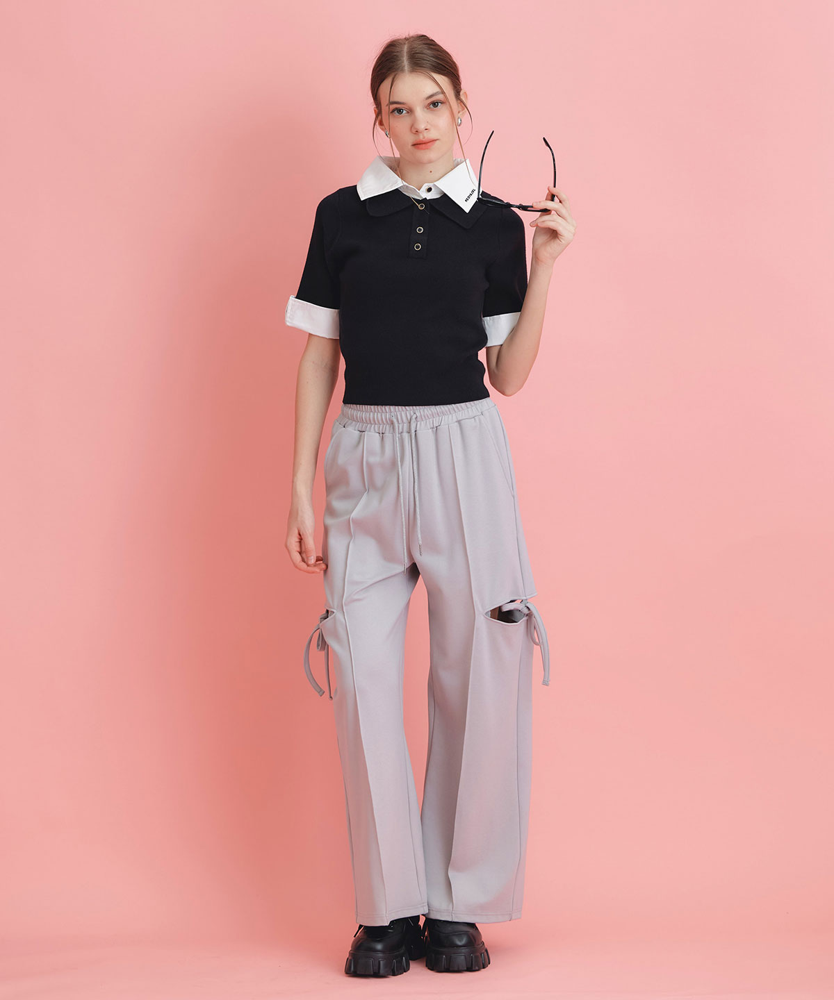 サイドカッティングリボンワイドパンツ