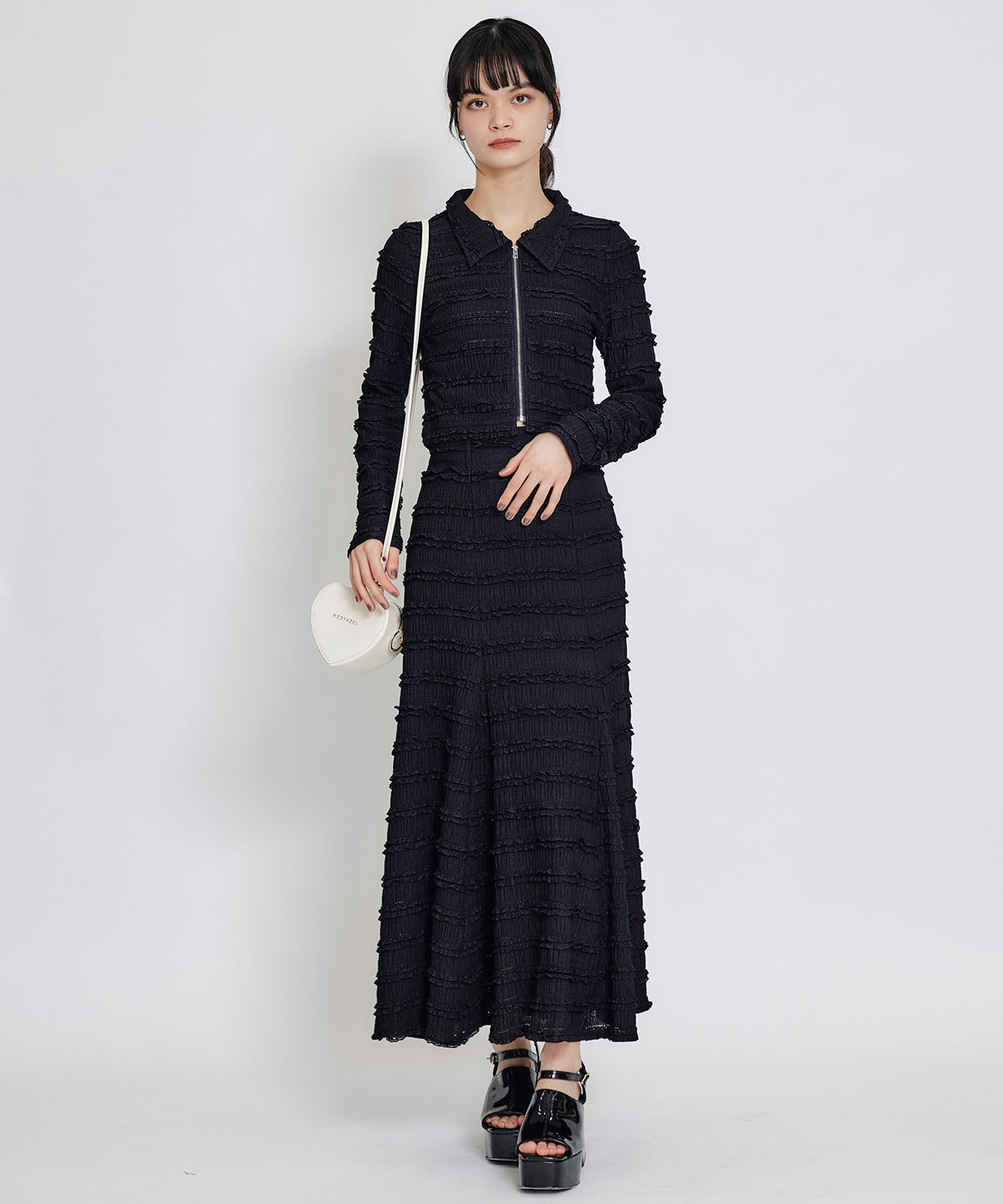 ミニフリルZIPブラウス×ミニフリルフレアロングスカートセットアップ