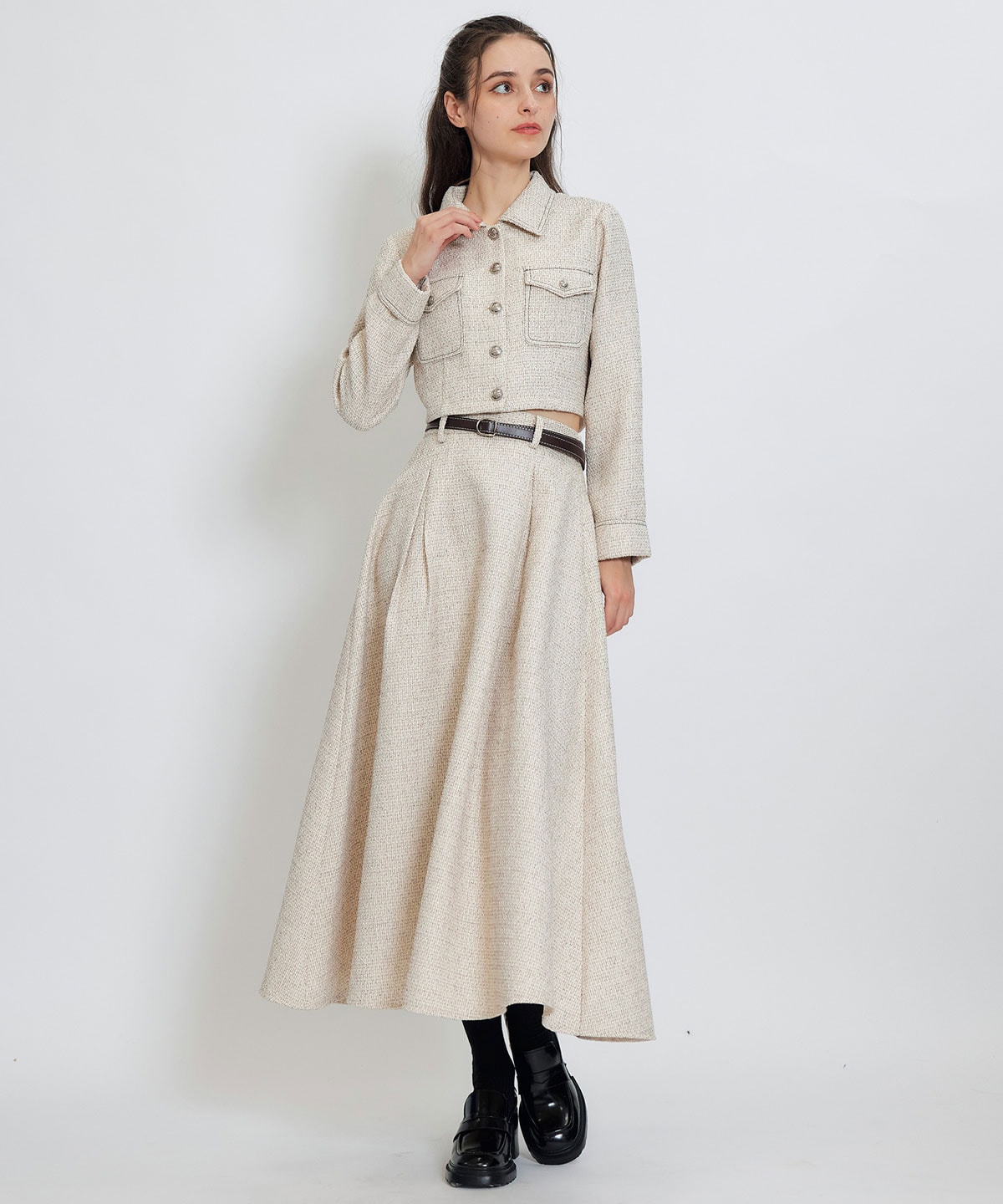 ダブルステッチツイードブラウス×フレアロングスカートセットアップ