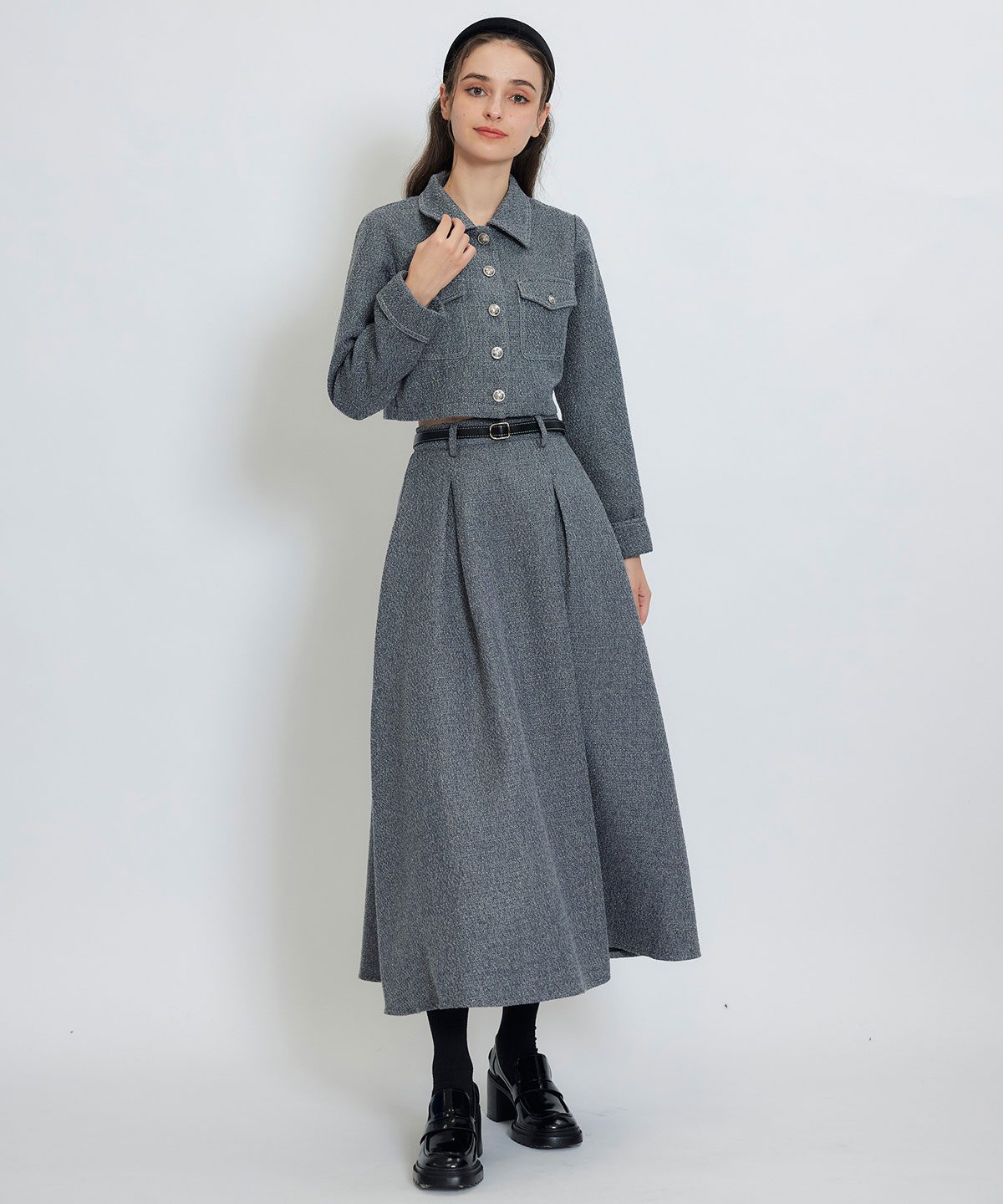 ダブルステッチツイードブラウス×フレアロングスカートセットアップ