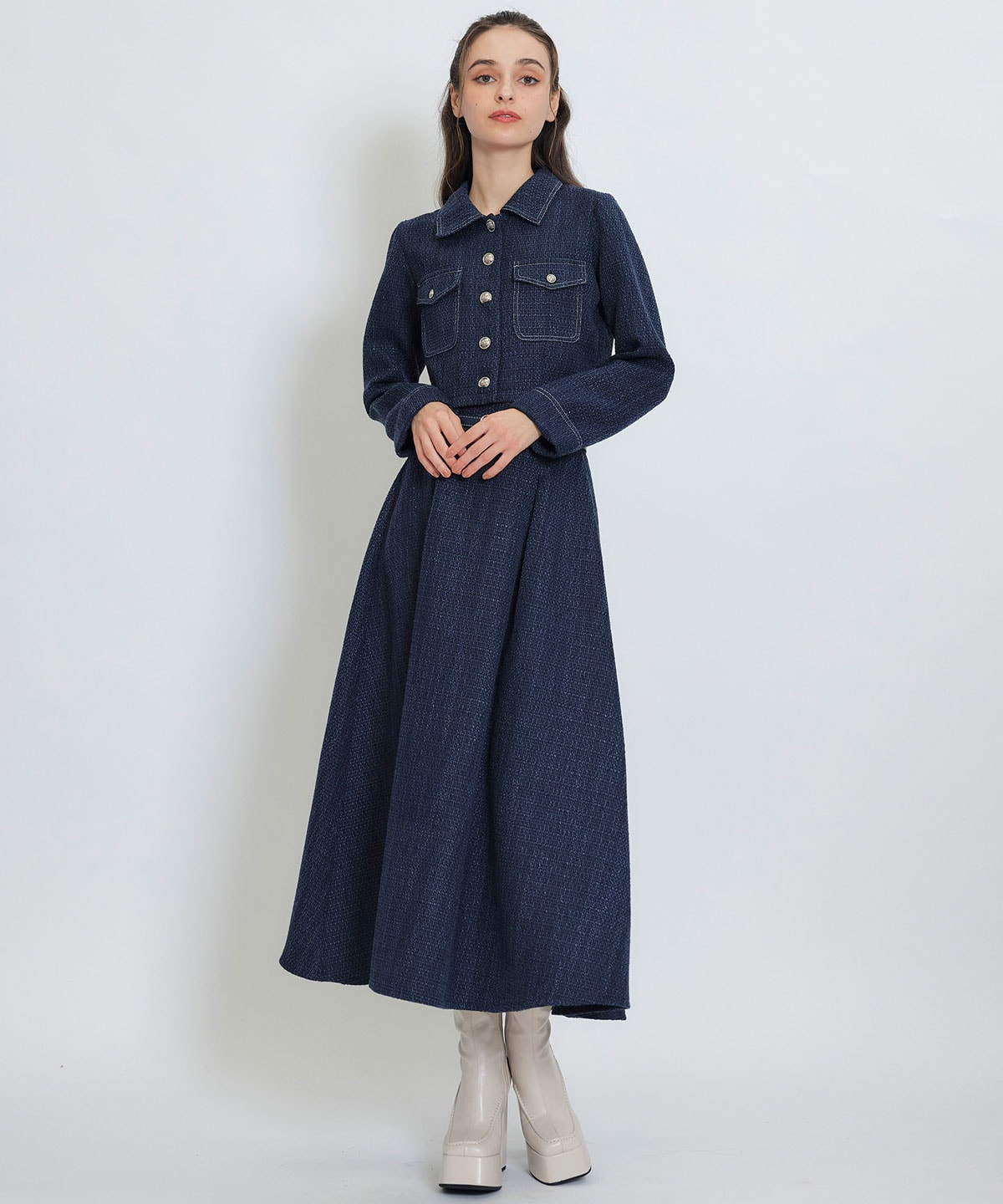 ダブルステッチツイードブラウス×フレアロングスカートセットアップ