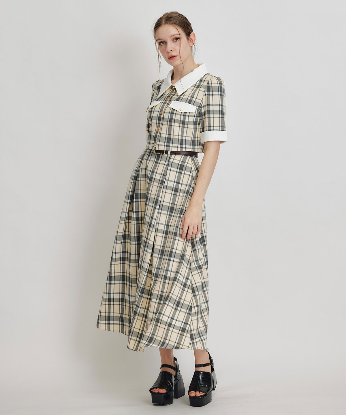 バイカラーチェックブラウス×フレアロングスカートセットアップ