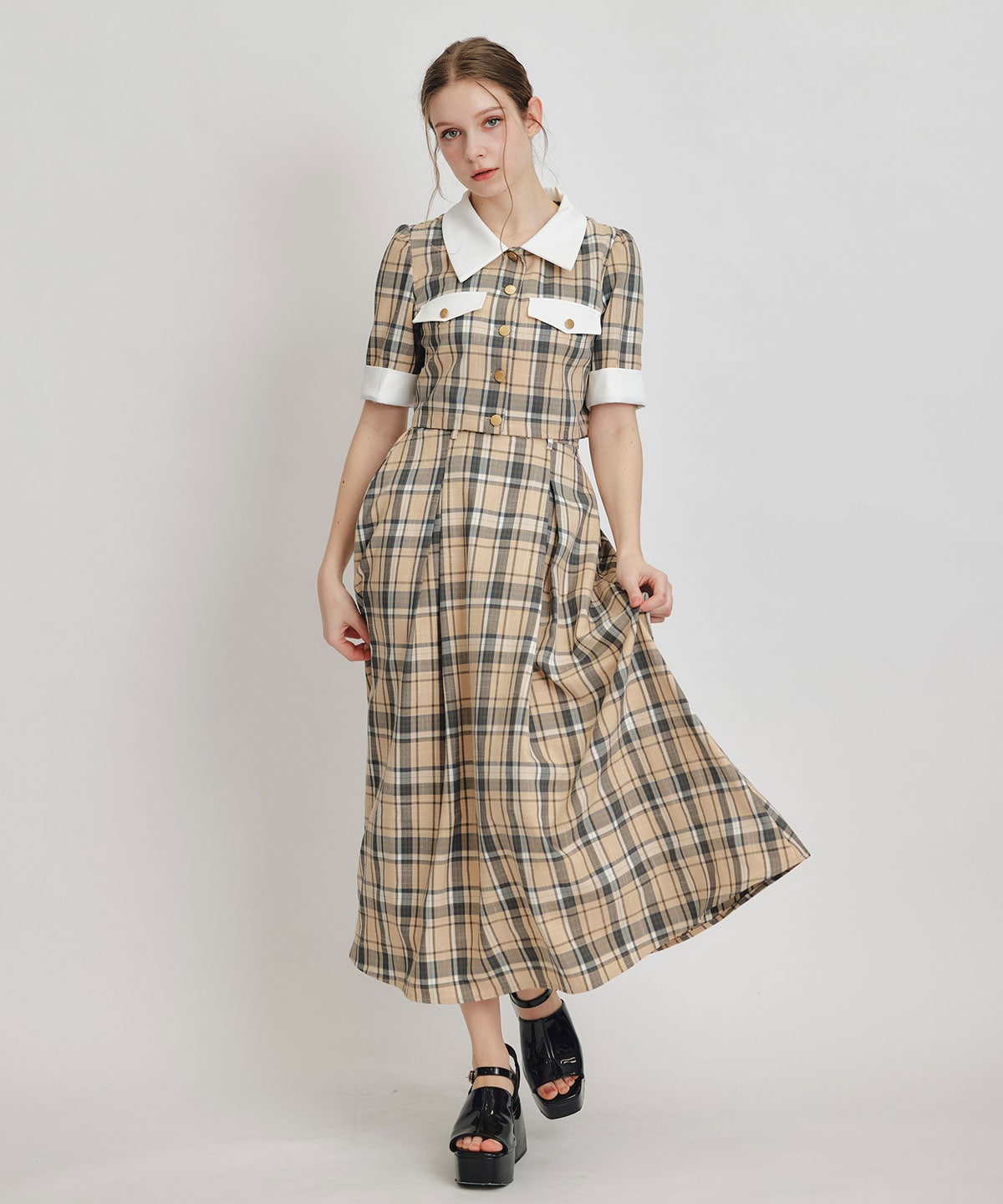 バイカラーチェックブラウス×フレアロングスカートセットアップ