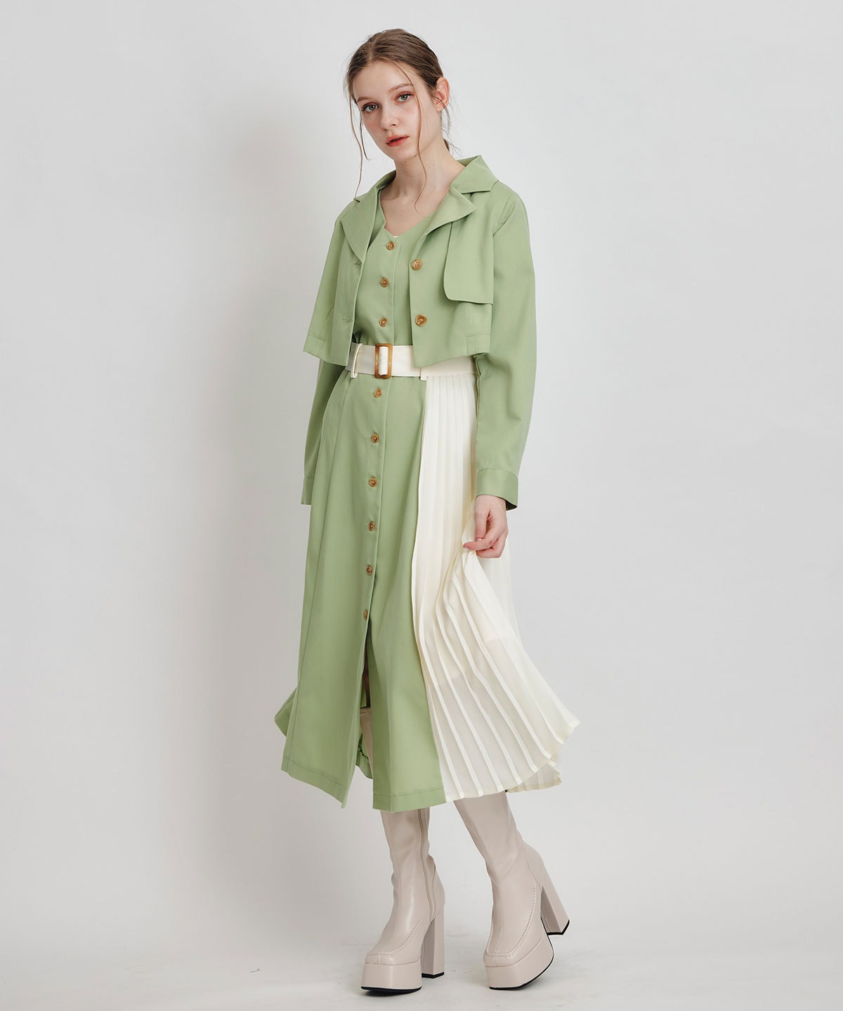 トレンチディティールショートシャツジャケット×バイカラープリーツフレアロングワンピースセットアップ