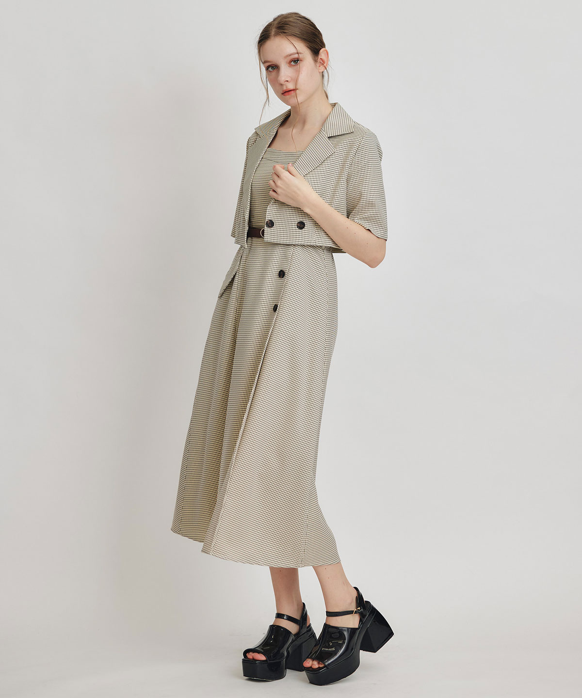 チェックショートジャケットｘアクセントベルトフレアロングワンピースセットアップ