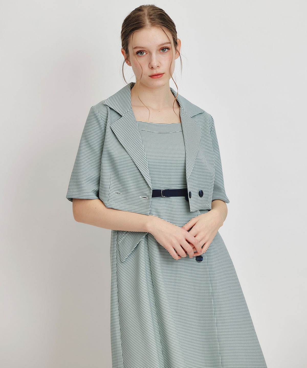 チェックショートジャケットｘアクセントベルトフレアロングワンピースセットアップ