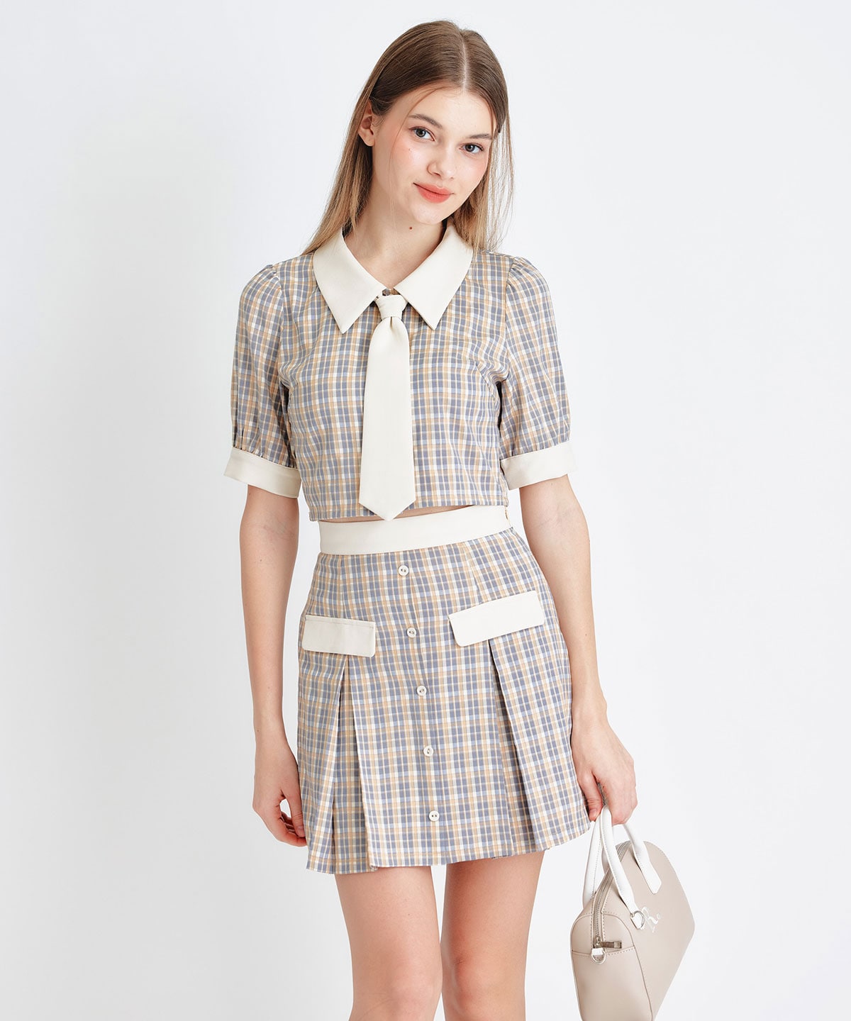 プレッピーネクタイチェックブラウス×プリーツミニスカートセットアップ