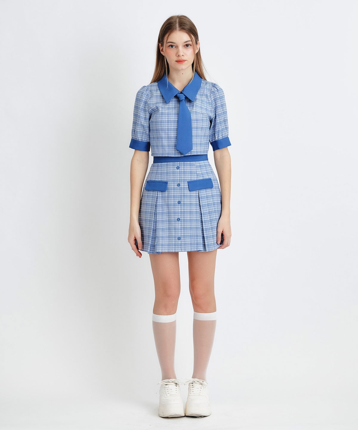 プレッピーネクタイチェックブラウス×プリーツミニスカートセットアップ