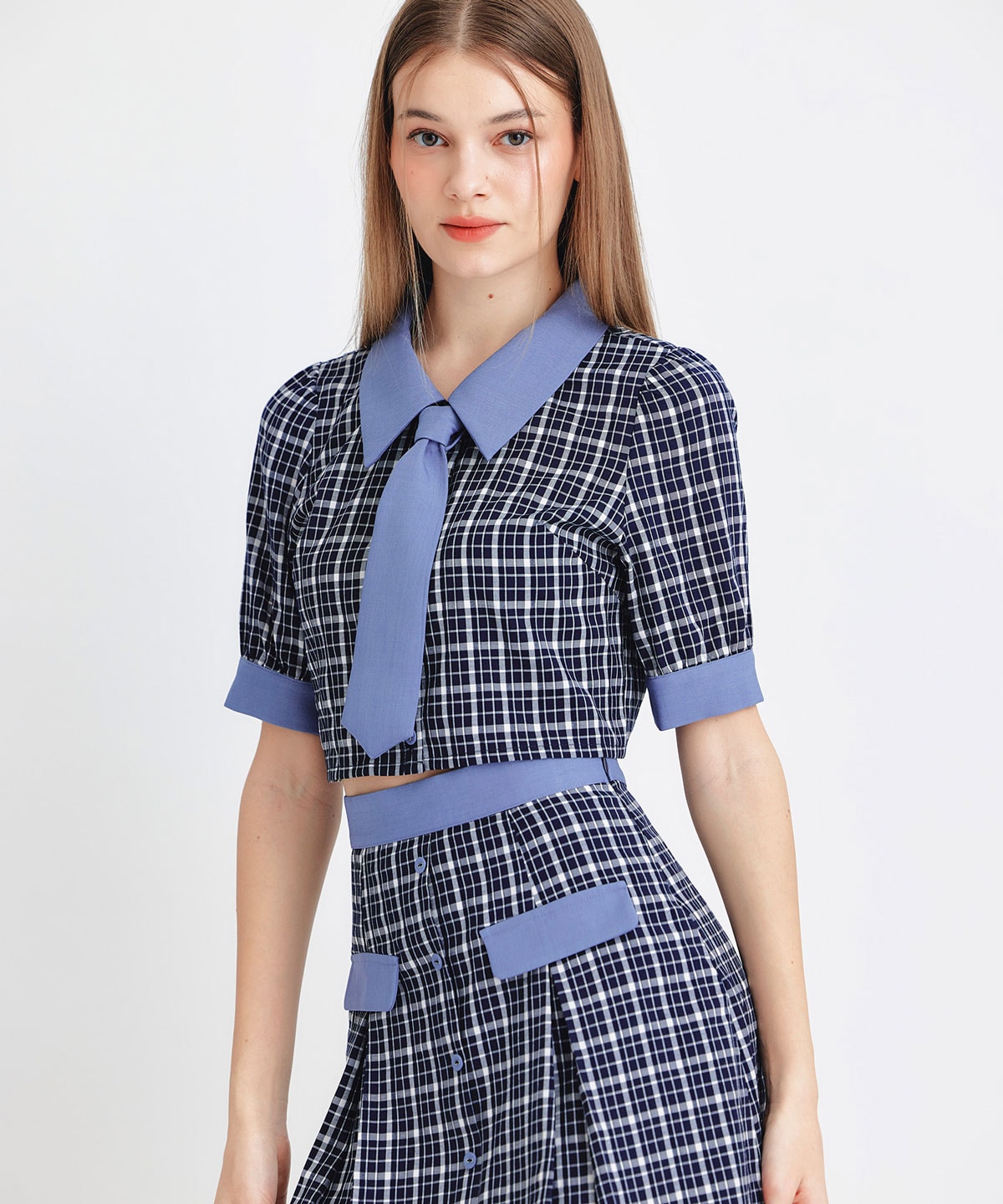 プレッピーネクタイチェックブラウス×プリーツミニスカートセットアップ