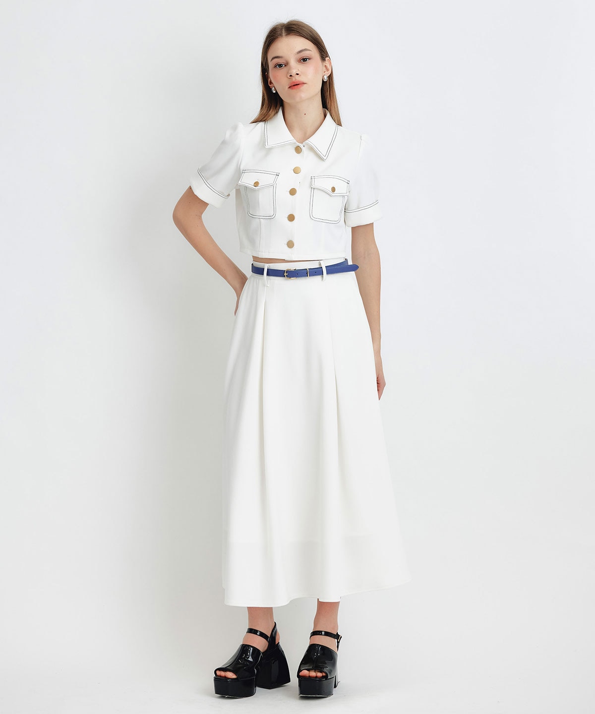 ショートジャケット×フレアロングスカートセットアップ