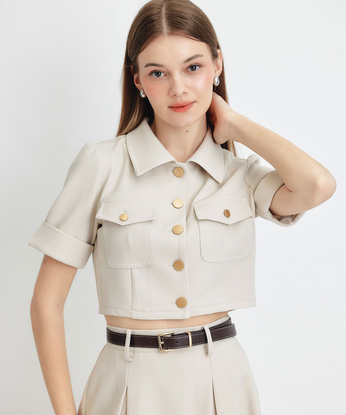 ショートジャケット×フレアロングスカートセットアップ