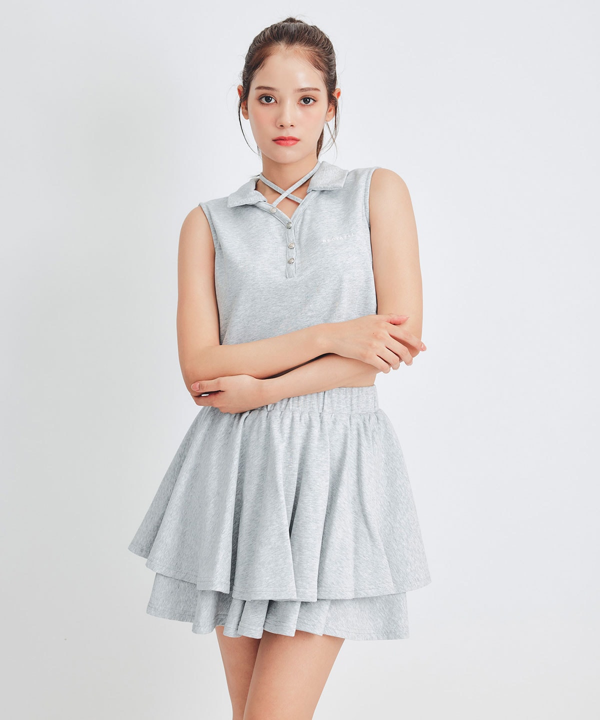 クロスリボンポロトップス×ティアードミニスカートセットアップ