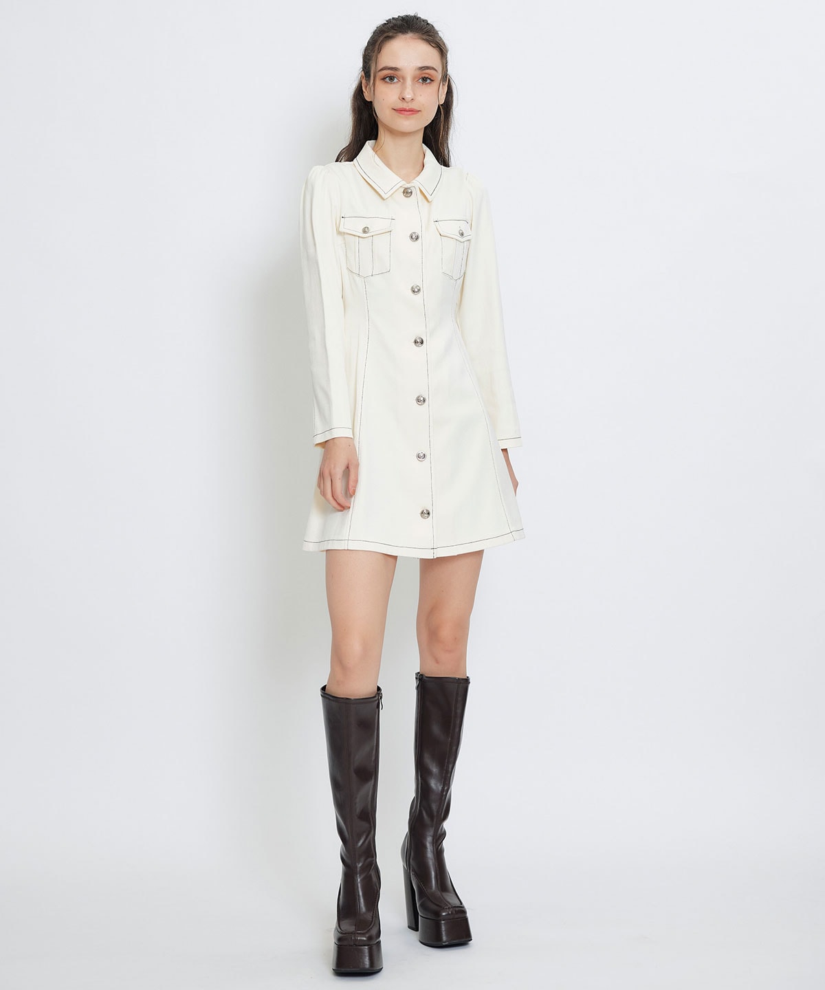 デニムステッチミニシャツワンピース