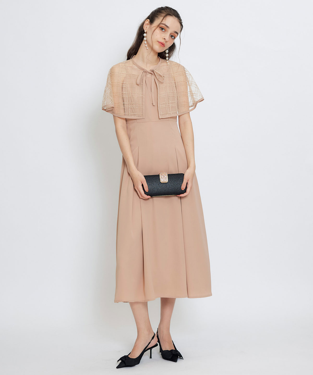 チェックシアーチュールケープ×キャミソールフレアロングドレス