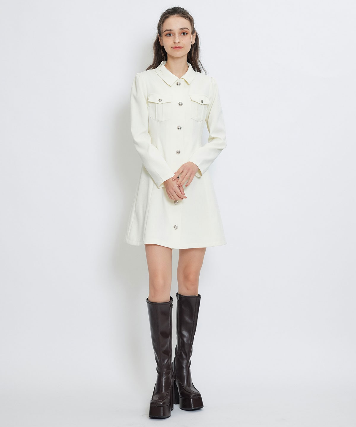 スプリングツイードシャツミニフレアワンピース