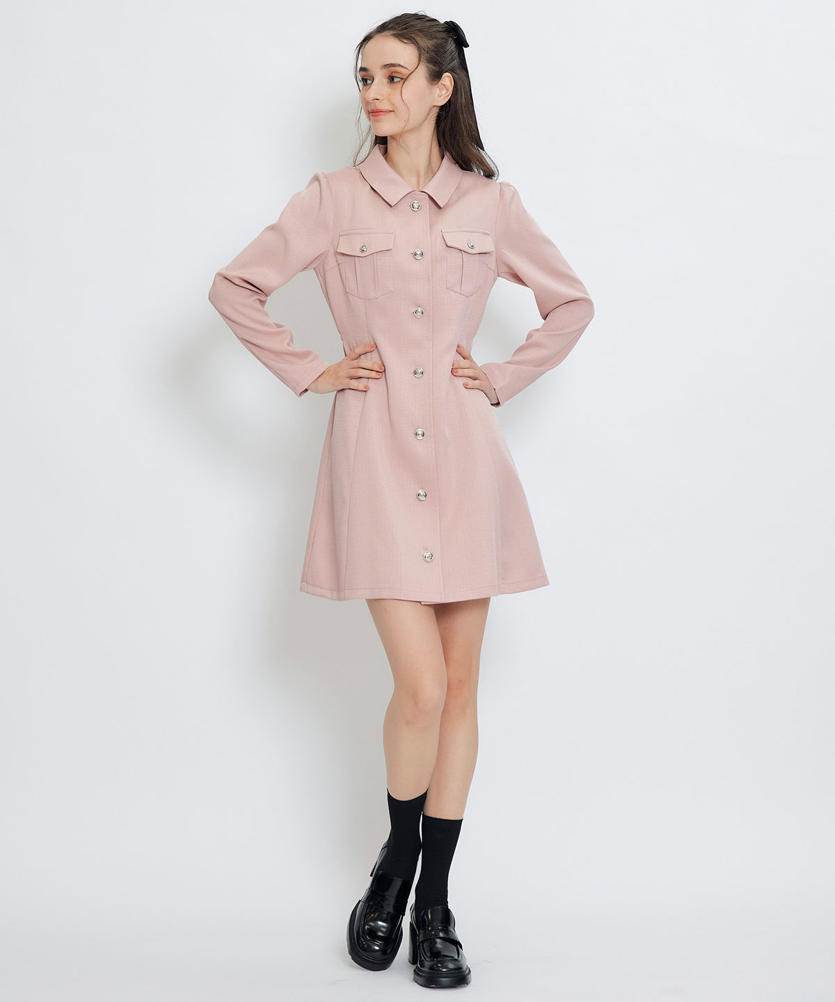 スプリングツイードシャツミニフレアワンピース