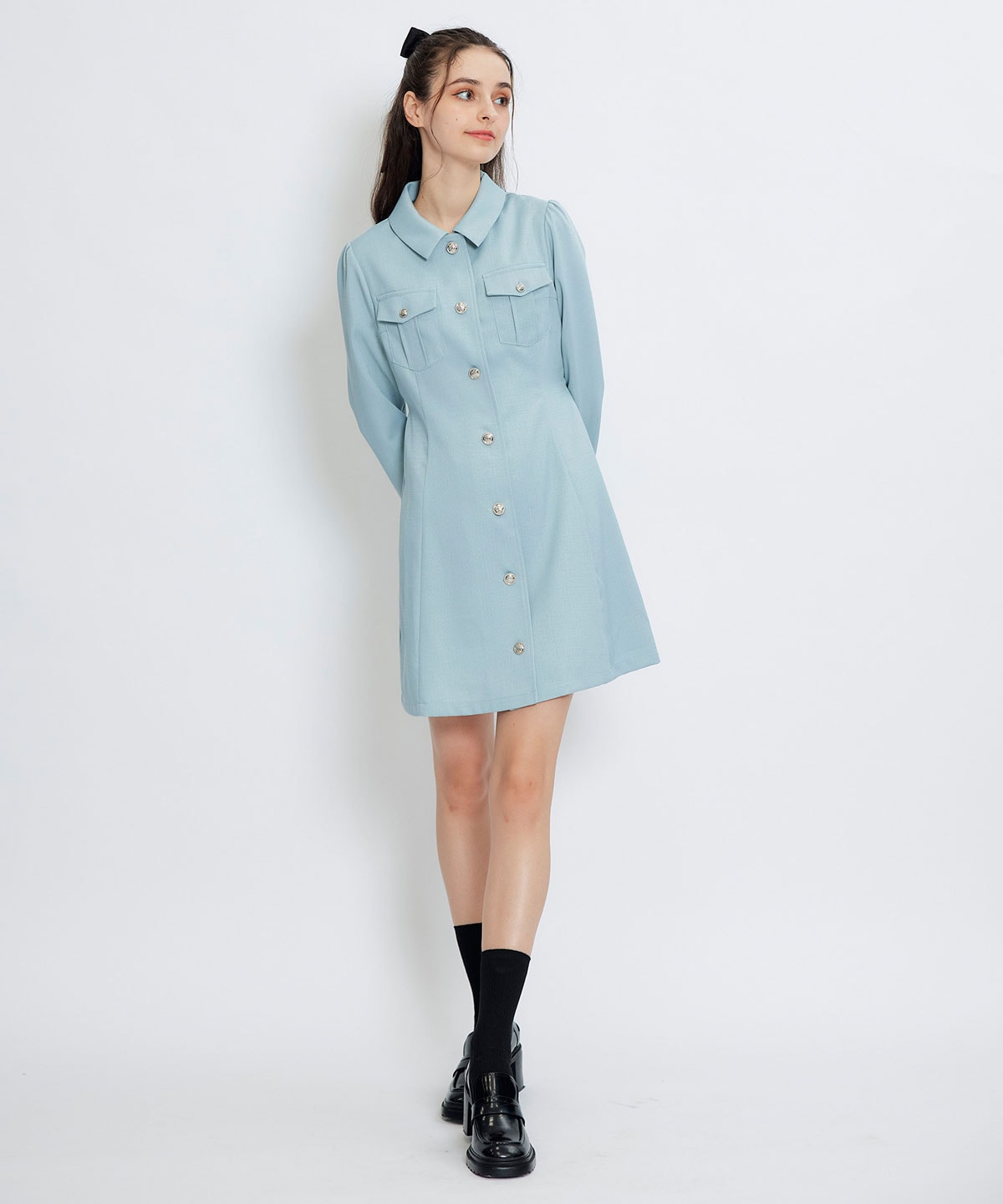 スプリングツイードシャツミニフレアワンピース