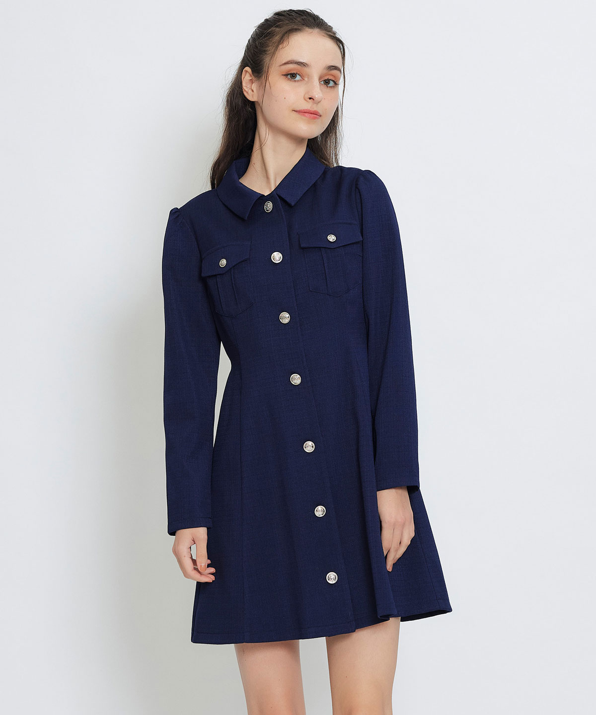 スプリングツイードシャツミニフレアワンピース