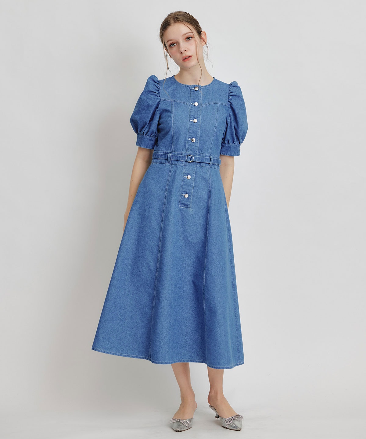 ノーカラーデニムパフフレアロングワンピース