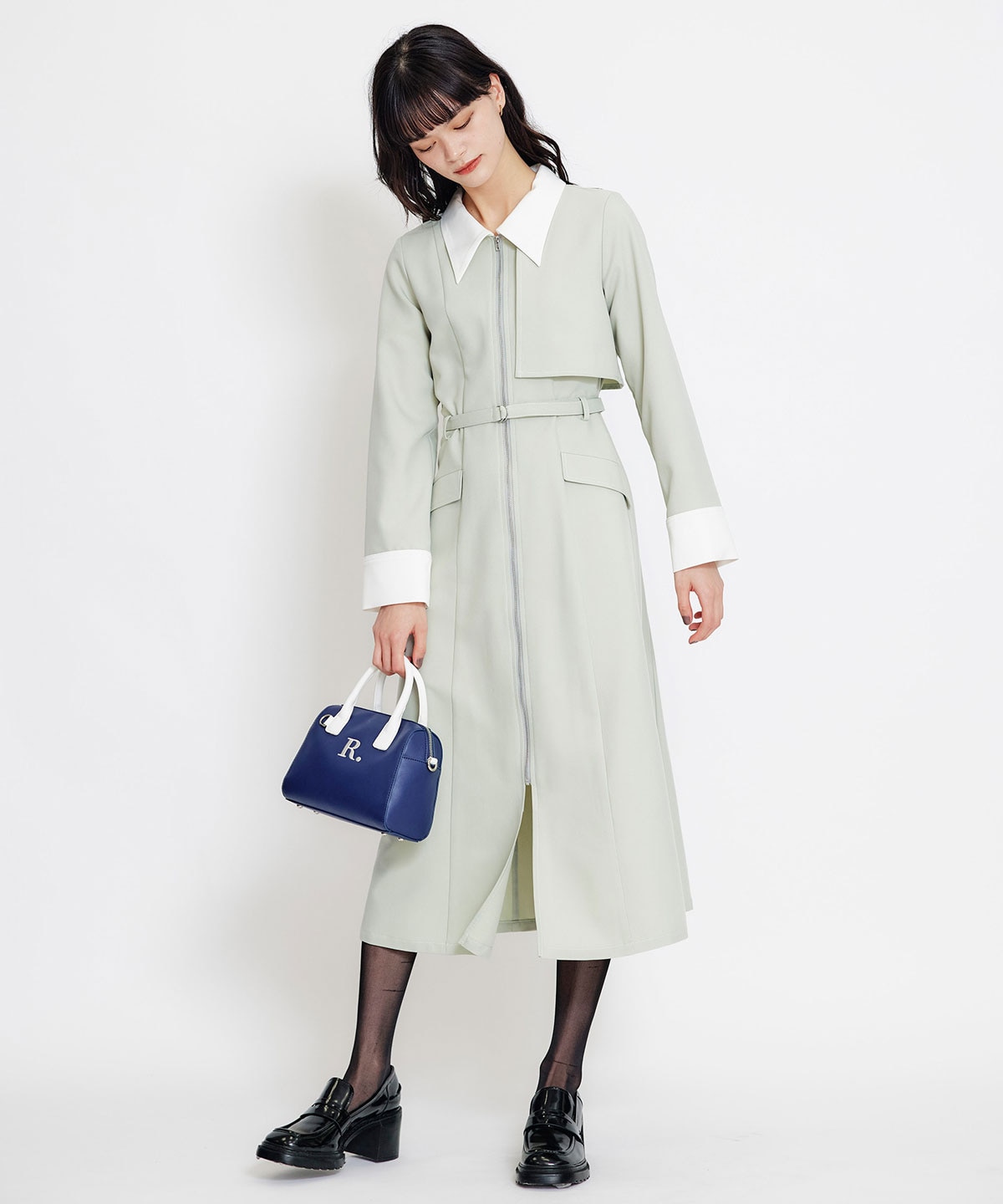 フロントZIPバイカラーロングシャツワンピース