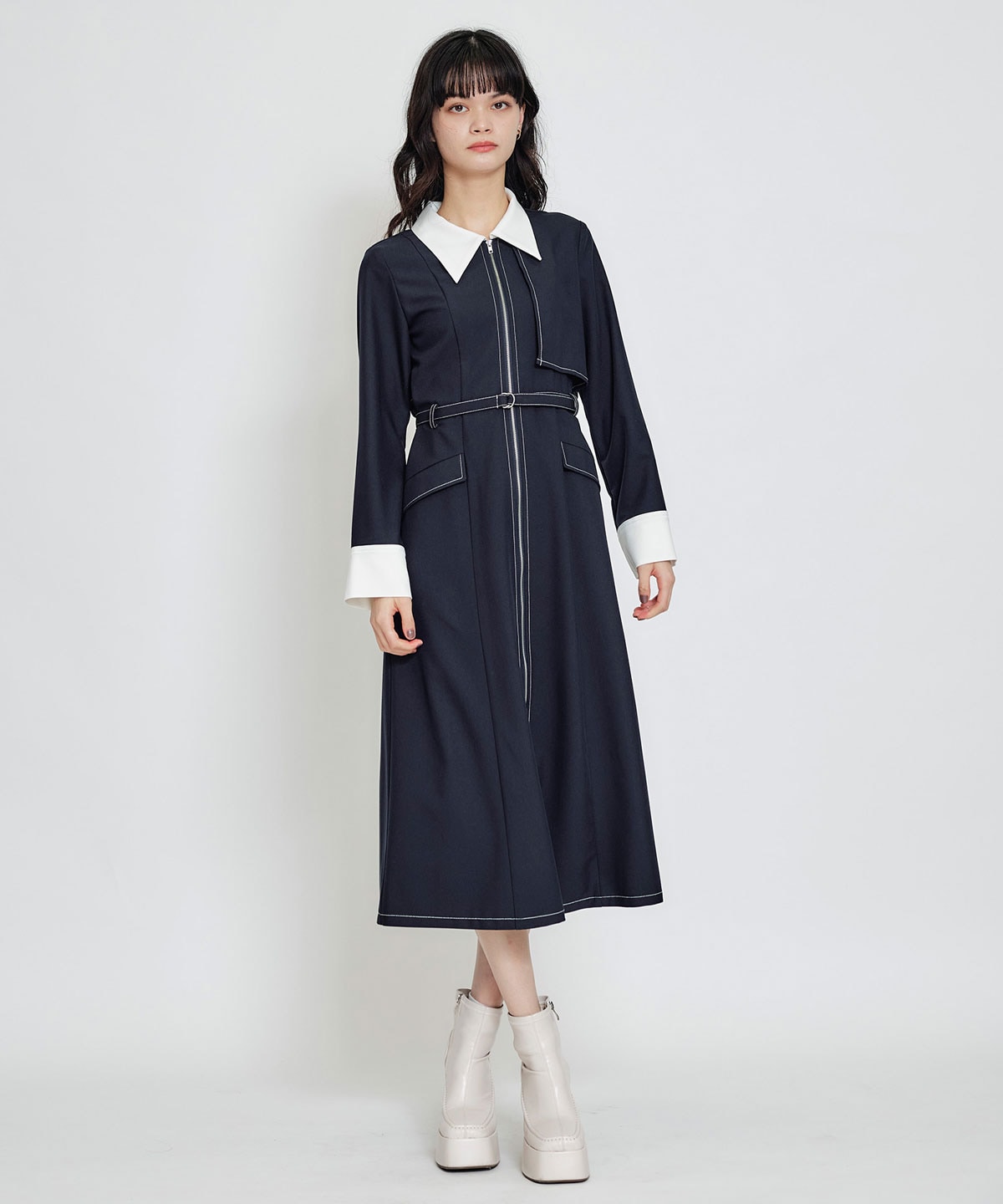 フロントZIPバイカラーロングシャツワンピース