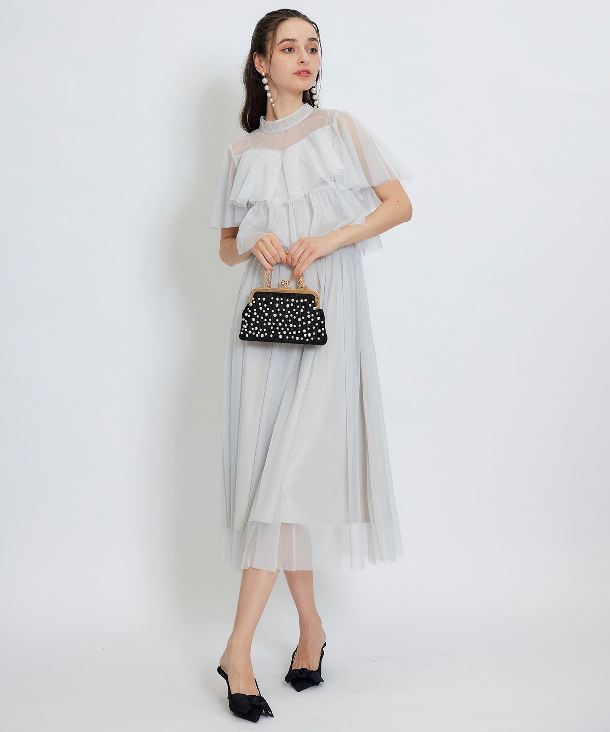 チュールレースティアードトップス×キャミソールフレアロングドレス