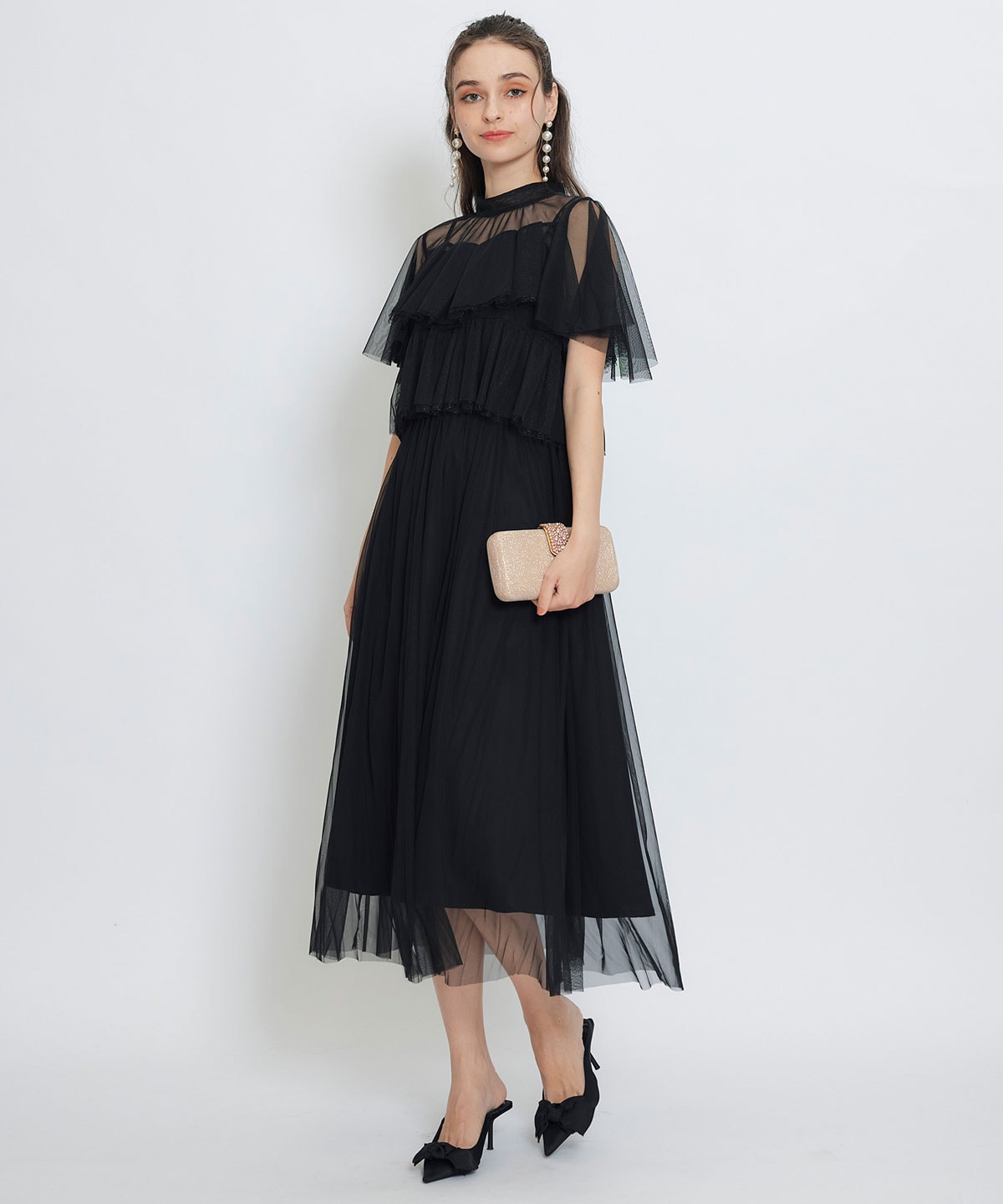 チュールレースティアードトップス×キャミソールフレアロングドレス