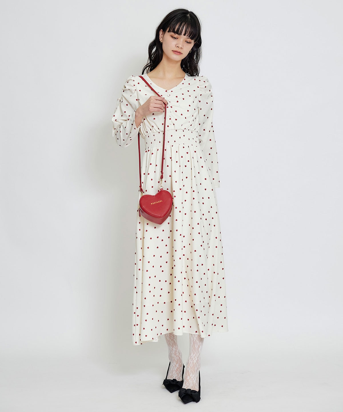 Love Me Heart ギャザーリボンロングフレアワンピース