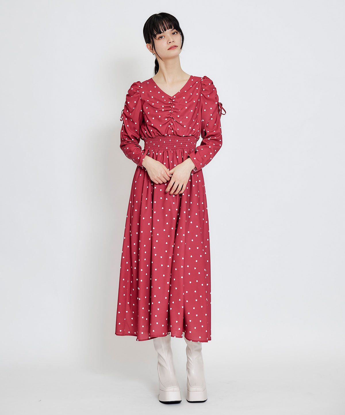 Love Me Heart ギャザーリボンロングフレアワンピース