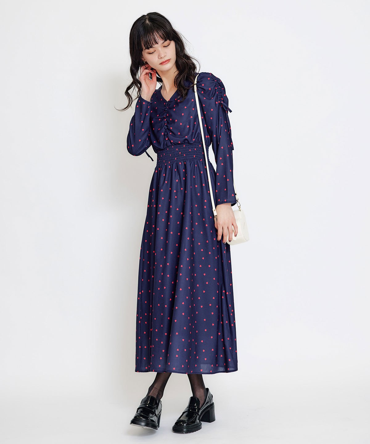 Love Me Heart ギャザーリボンロングフレアワンピース