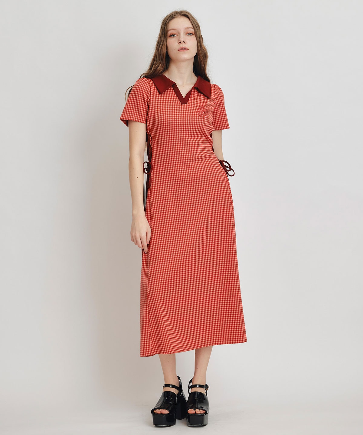 ポロカットレースアップフレアロングワンピース