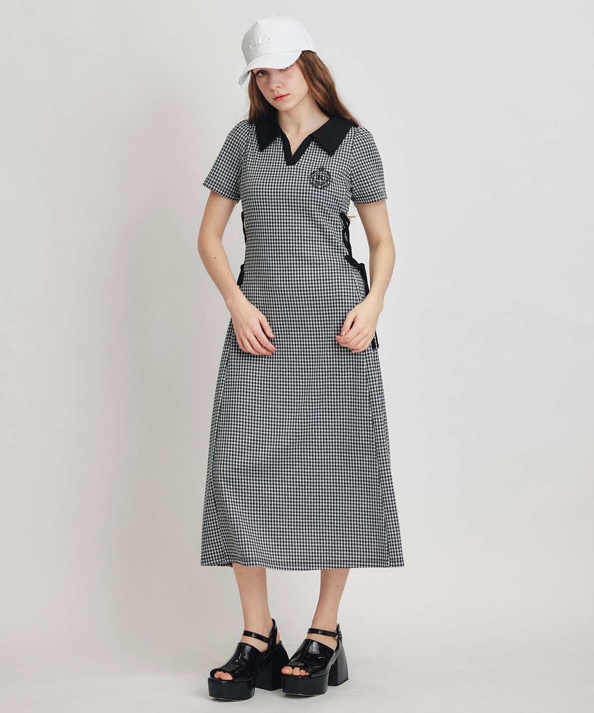 ポロカットレースアップフレアロングワンピース