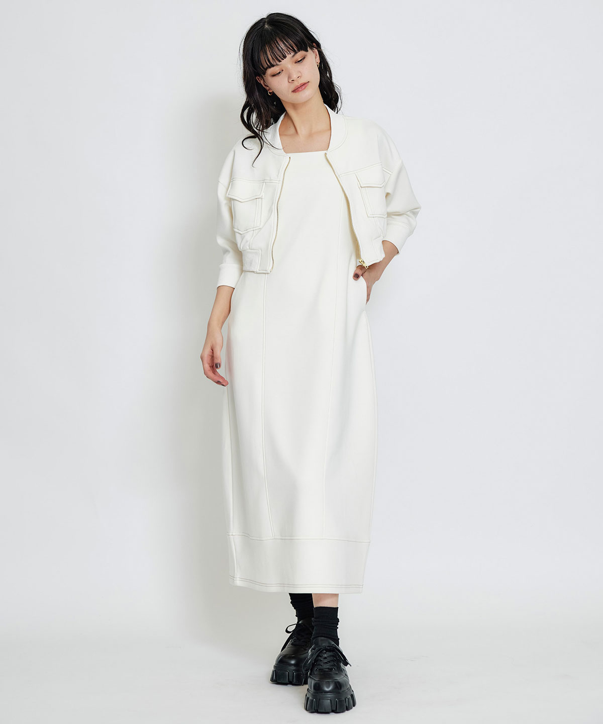 【セットアップ可能】バイカラーステッチカットロングワンピース