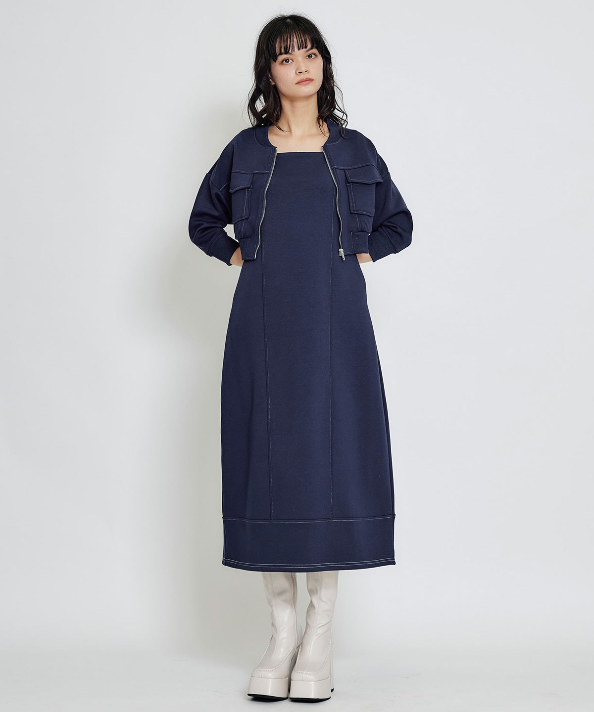 【セットアップ可能】バイカラーステッチカットロングワンピース