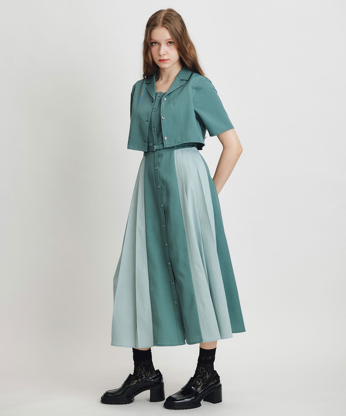 レイヤードサイドプリーツバイカラーロングワンピース