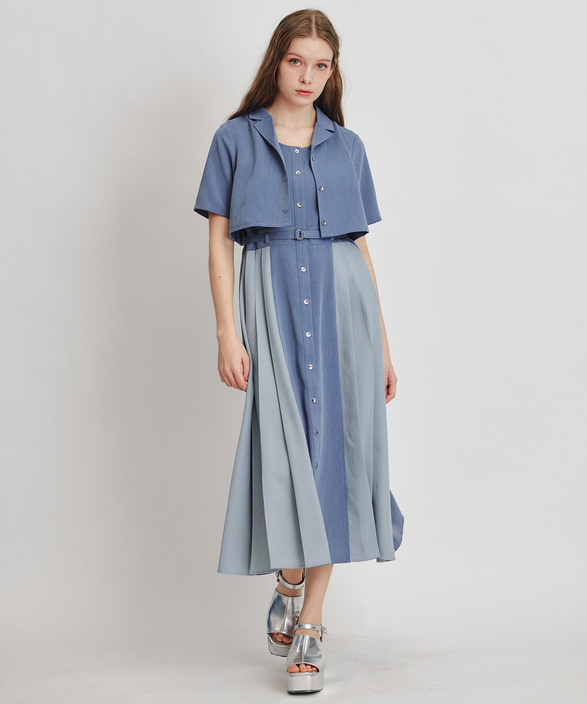 レイヤードサイドプリーツバイカラーロングワンピース