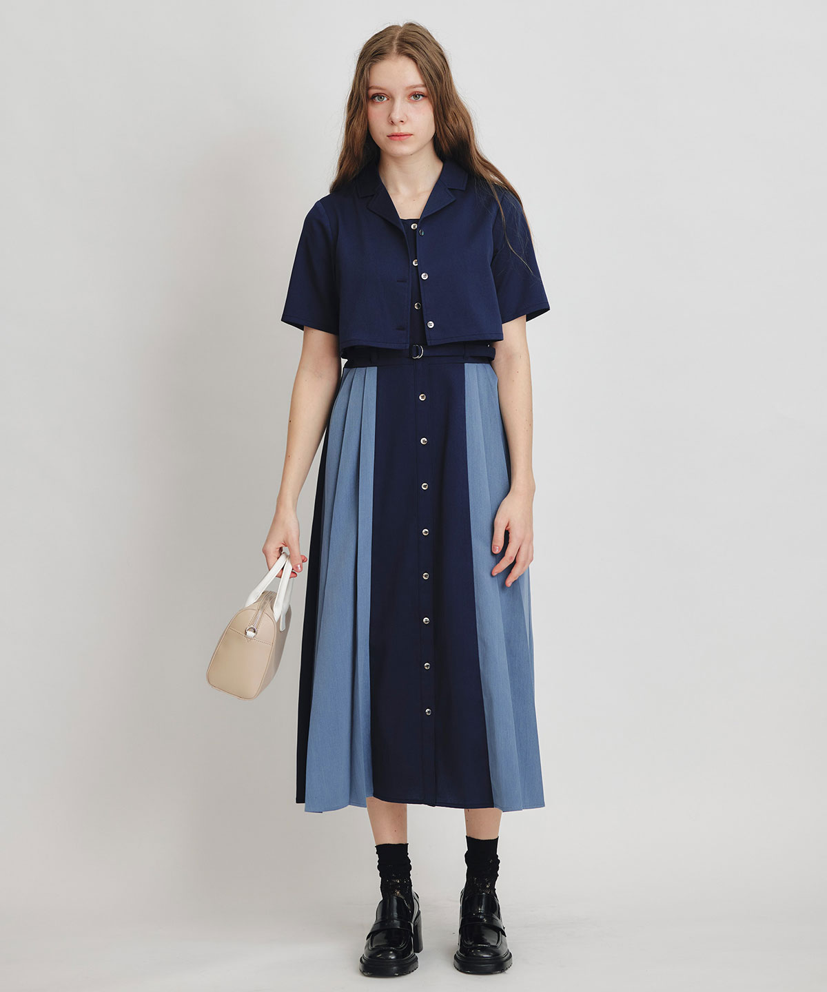 レイヤードサイドプリーツバイカラーロングワンピース