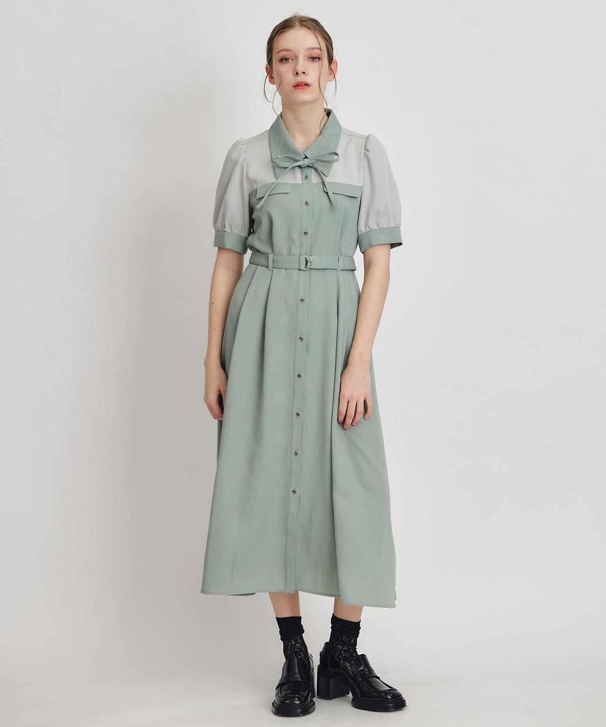 コントラストカラーシャツフレアロングワンピース