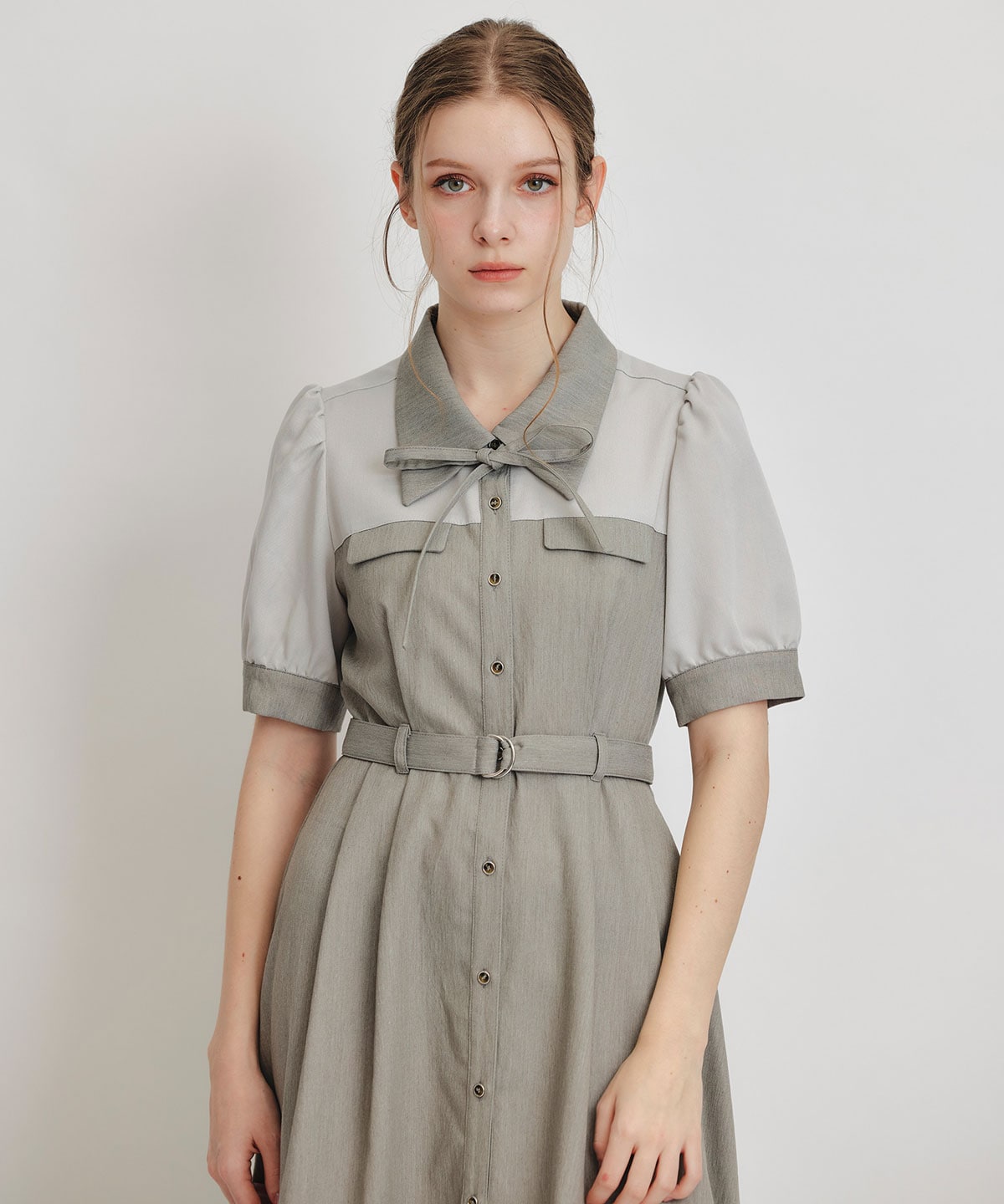 コントラストカラーシャツフレアロングワンピース