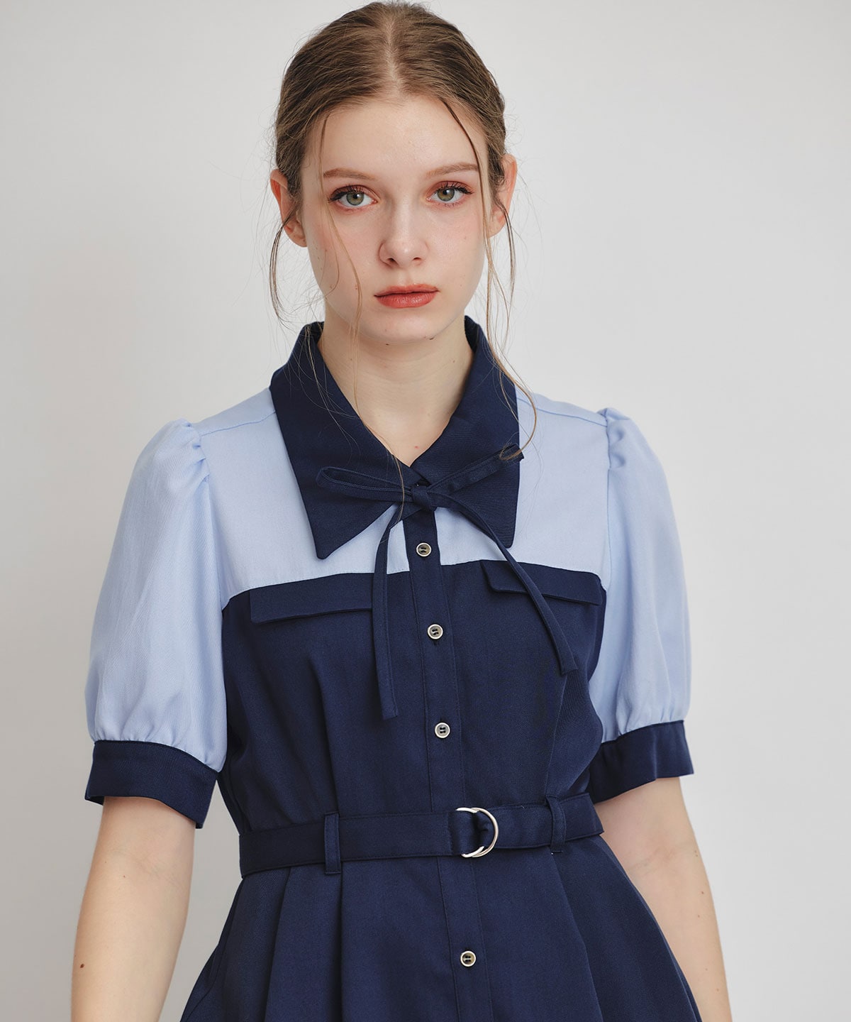 コントラストカラーシャツフレアロングワンピース