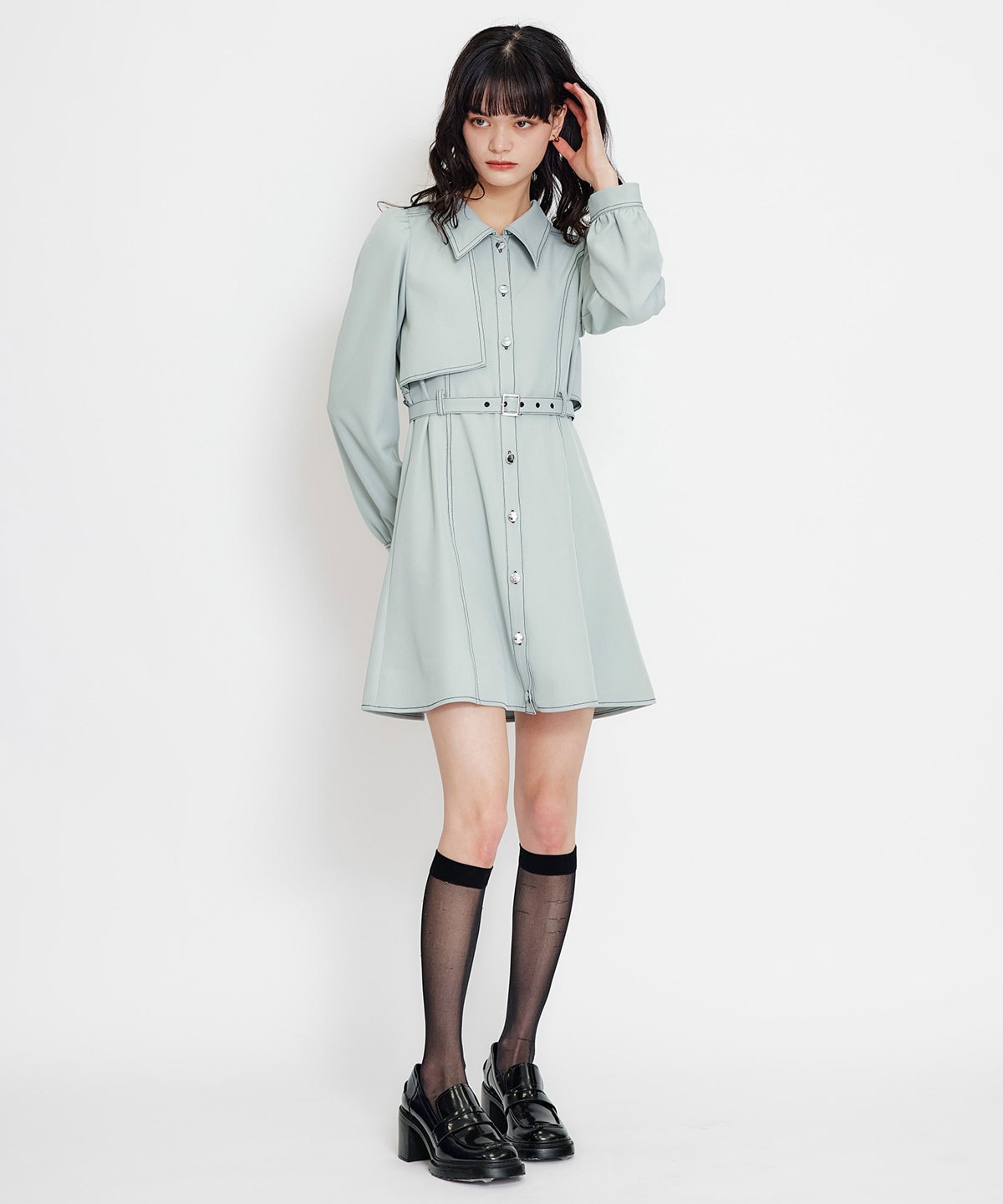 バイカラーステッチフレアミニシャツワンピース