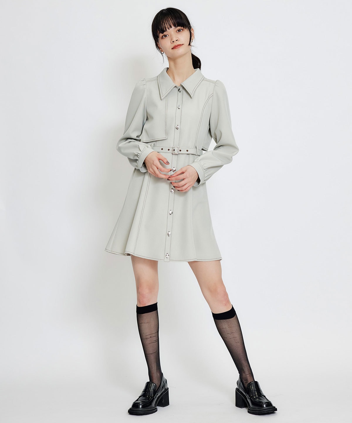 バイカラーステッチフレアミニシャツワンピース