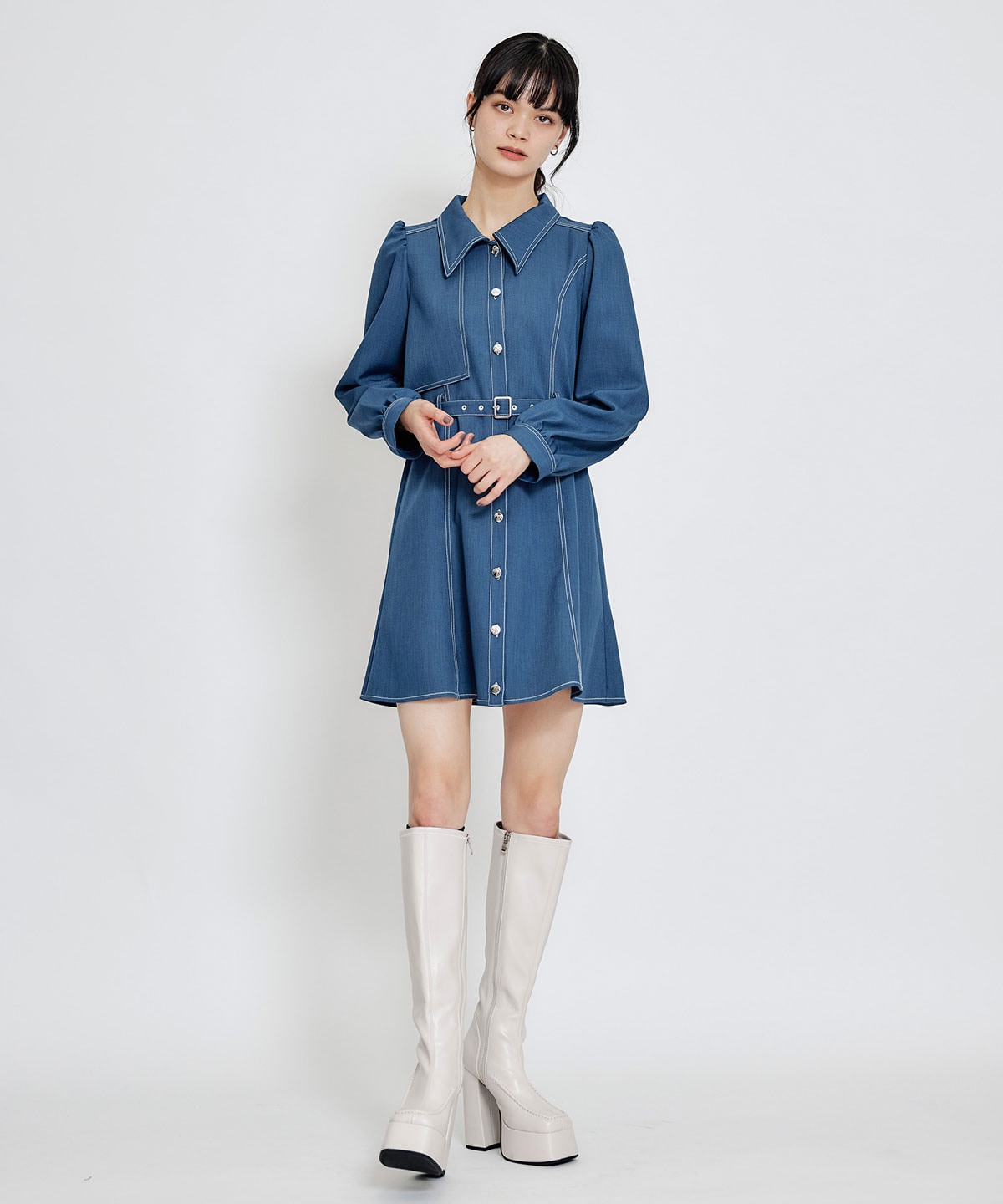 バイカラーステッチフレアミニシャツワンピース