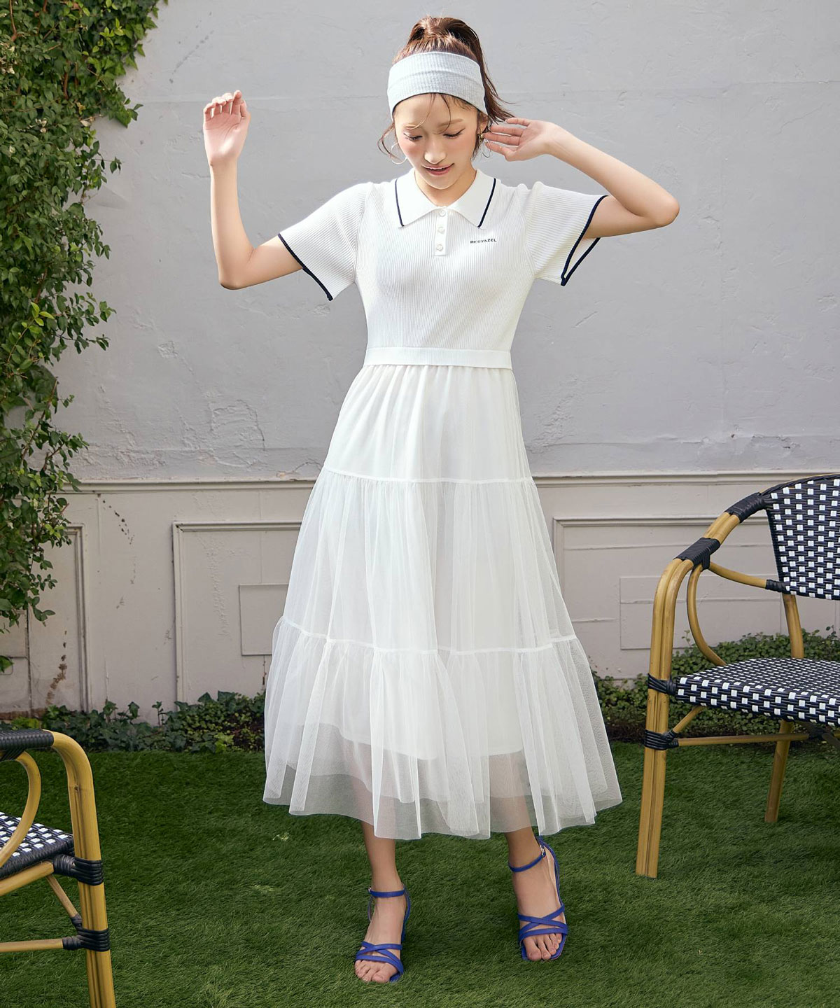 ポロニットチュールティアードドッキングロングワンピース