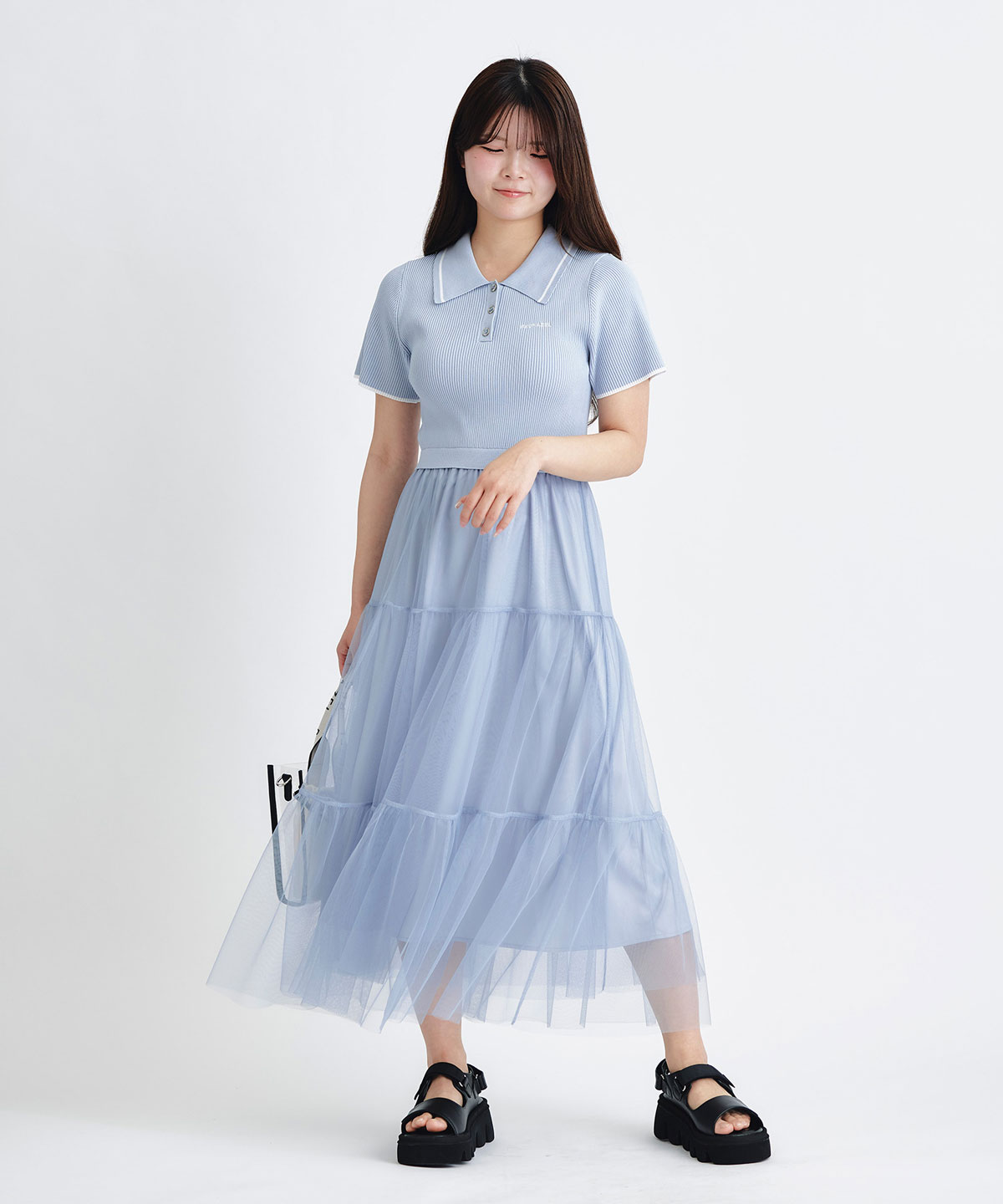 ポロニットチュールティアードドッキングロングワンピース