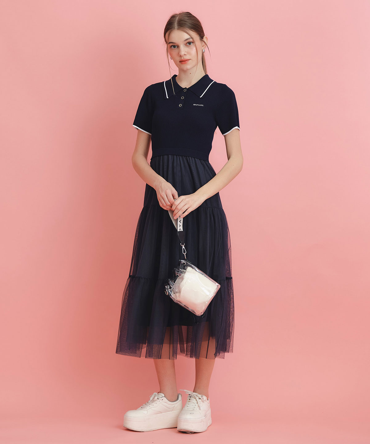 ポロニットチュールティアードドッキングロングワンピース