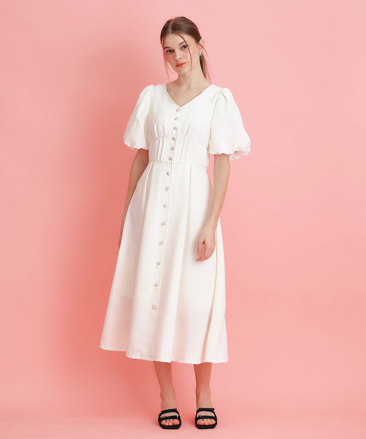 コルセットバルーンスリーブフレアロングワンピース