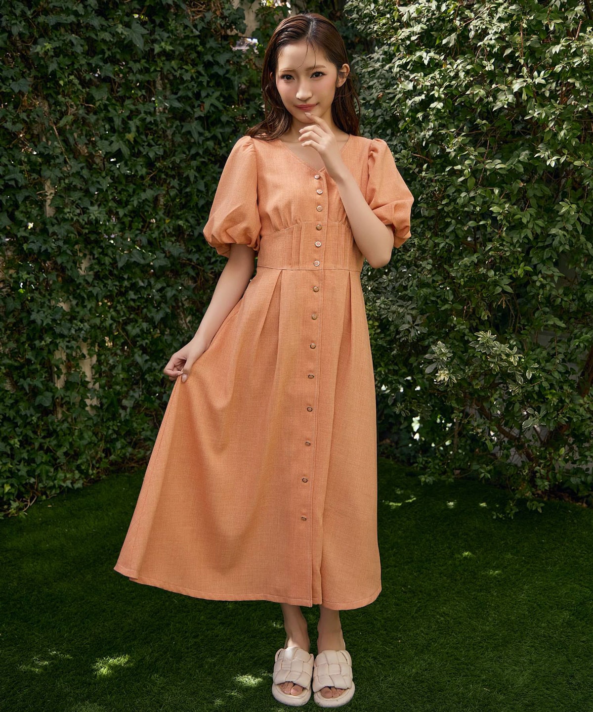 コルセットバルーンスリーブフレアロングワンピース