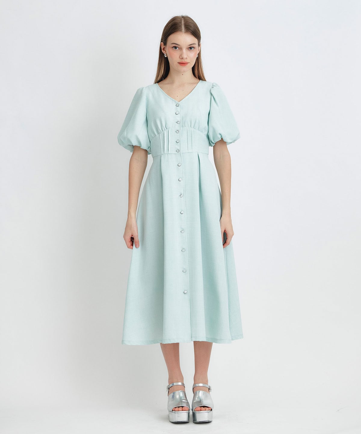 コルセットバルーンスリーブフレアロングワンピース